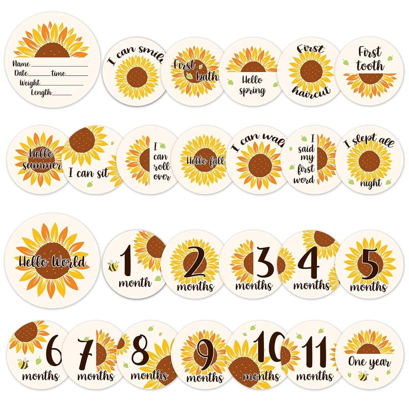 MCIAONE Baby Monthly Milestone Cards Sign - 13Pcs Double Sided Sunflower Milestone Markers, Flower Pattern Wooden Circles Discs Newborn Announcement Marker, Baby Shower Newborn Sign Photo Cards Gift Set - Image 1